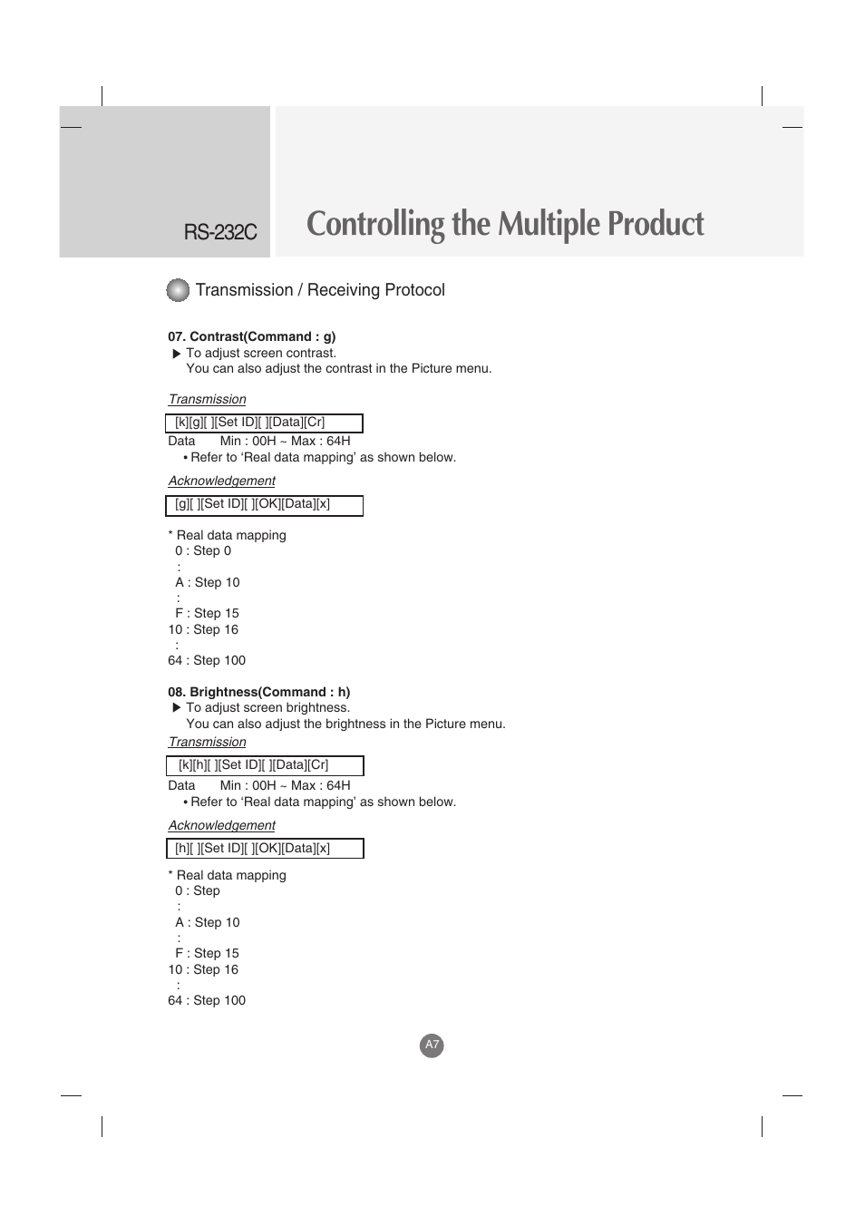 Controlling the multiple product, Rs-232c, Transmission / receiving protocol | LG M3702C-BH User Manual | Page 47 / 67