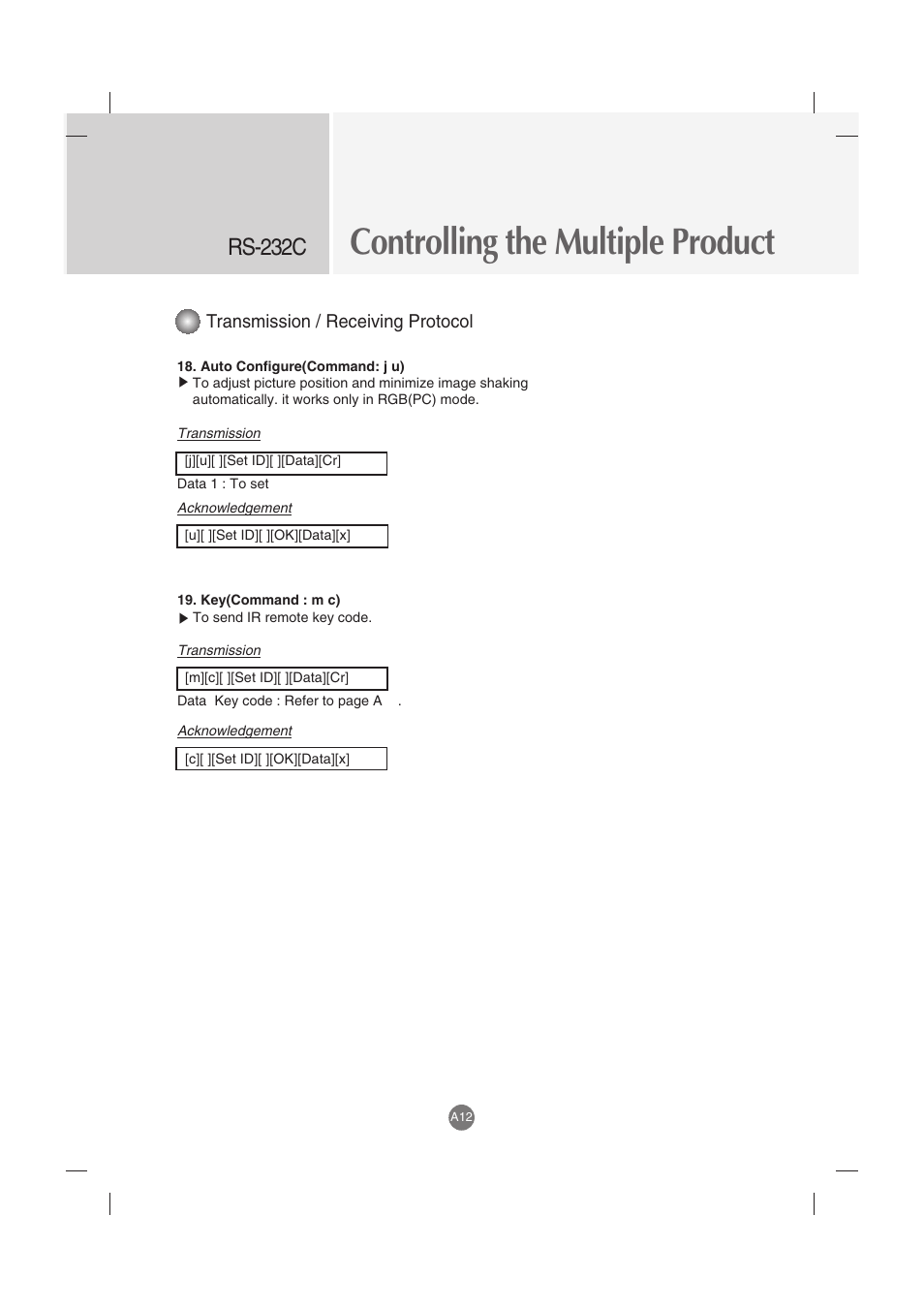 Controlling the multiple product, Rs-232c, Transmission / receiving protocol | LG M3702C-BH User Manual | Page 52 / 67