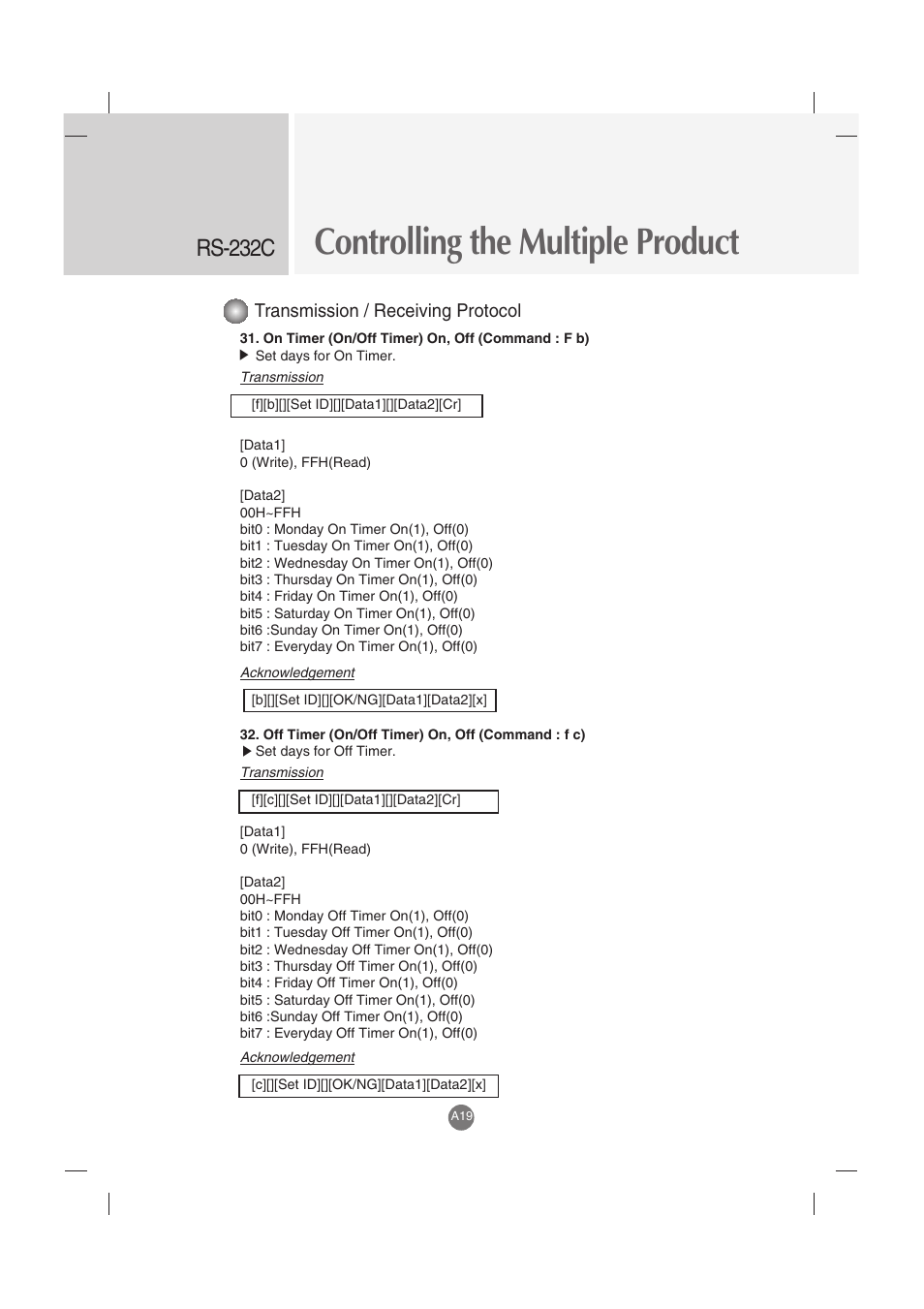 Controlling the multiple product, Rs-232c, Transmission / receiving protocol | LG M3702C-BH User Manual | Page 59 / 67