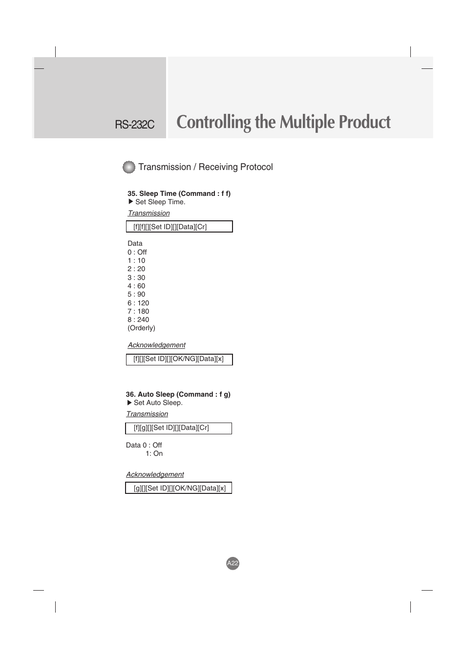 Controlling the multiple product, Rs-232c, Transmission / receiving protocol | LG M3702C-BH User Manual | Page 62 / 67