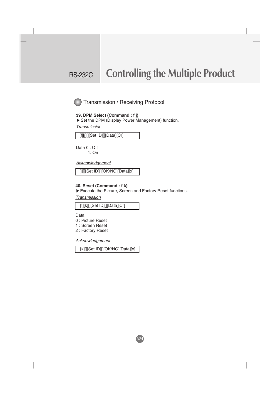 Controlling the multiple product, Rs-232c, Transmission / receiving protocol | LG M3702C-BH User Manual | Page 64 / 67
