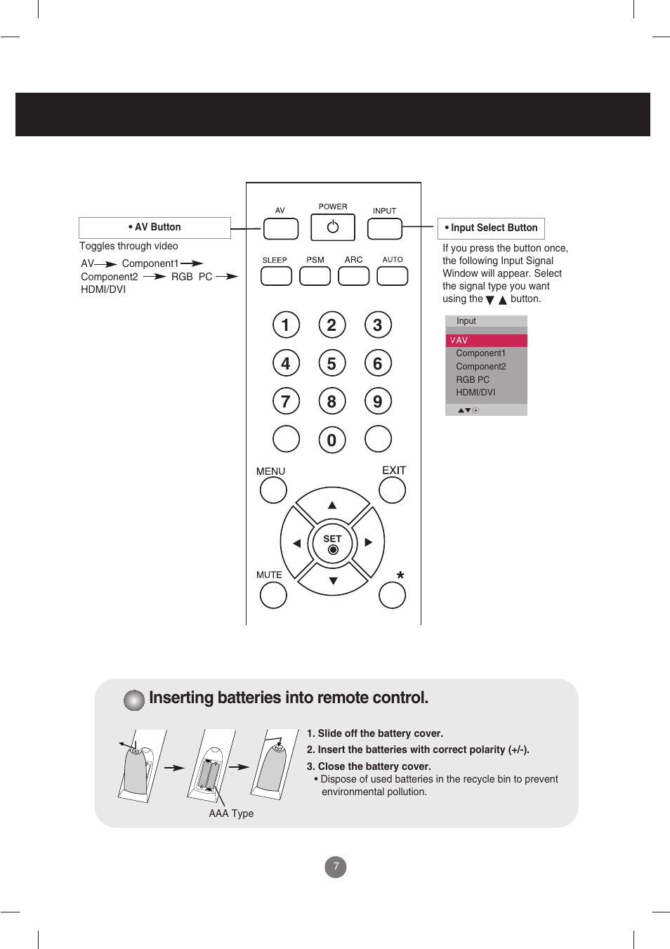 Inserting batteries into remote control, Using the remote control | LG M3702C-BH User Manual | Page 8 / 67