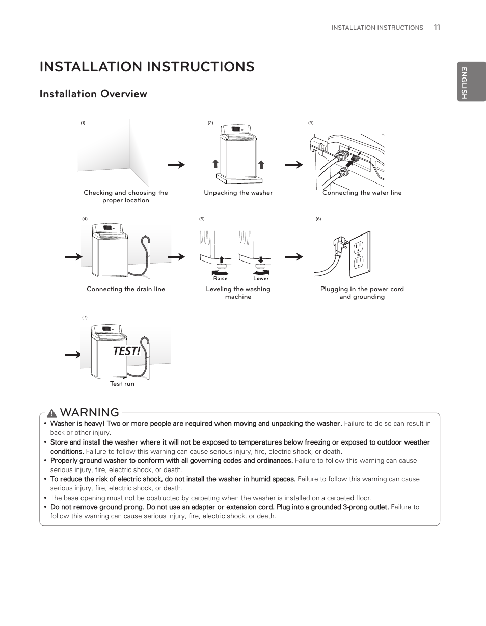 Installation instructions, Warning, Installation overview | LG WT6001HV User Manual | Page 11 / 92
