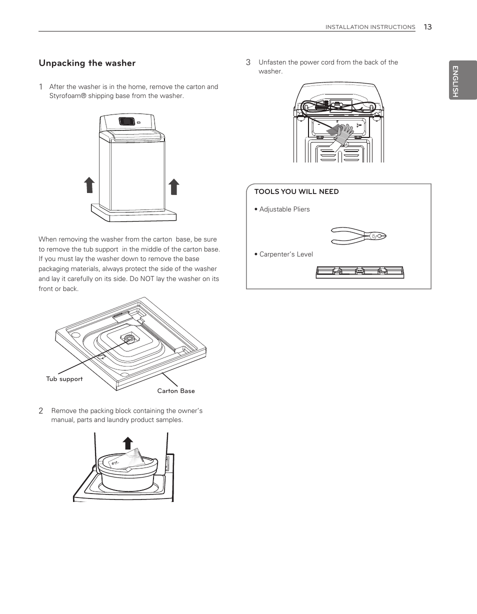 Unpacking the washer | LG WT6001HV User Manual | Page 13 / 92