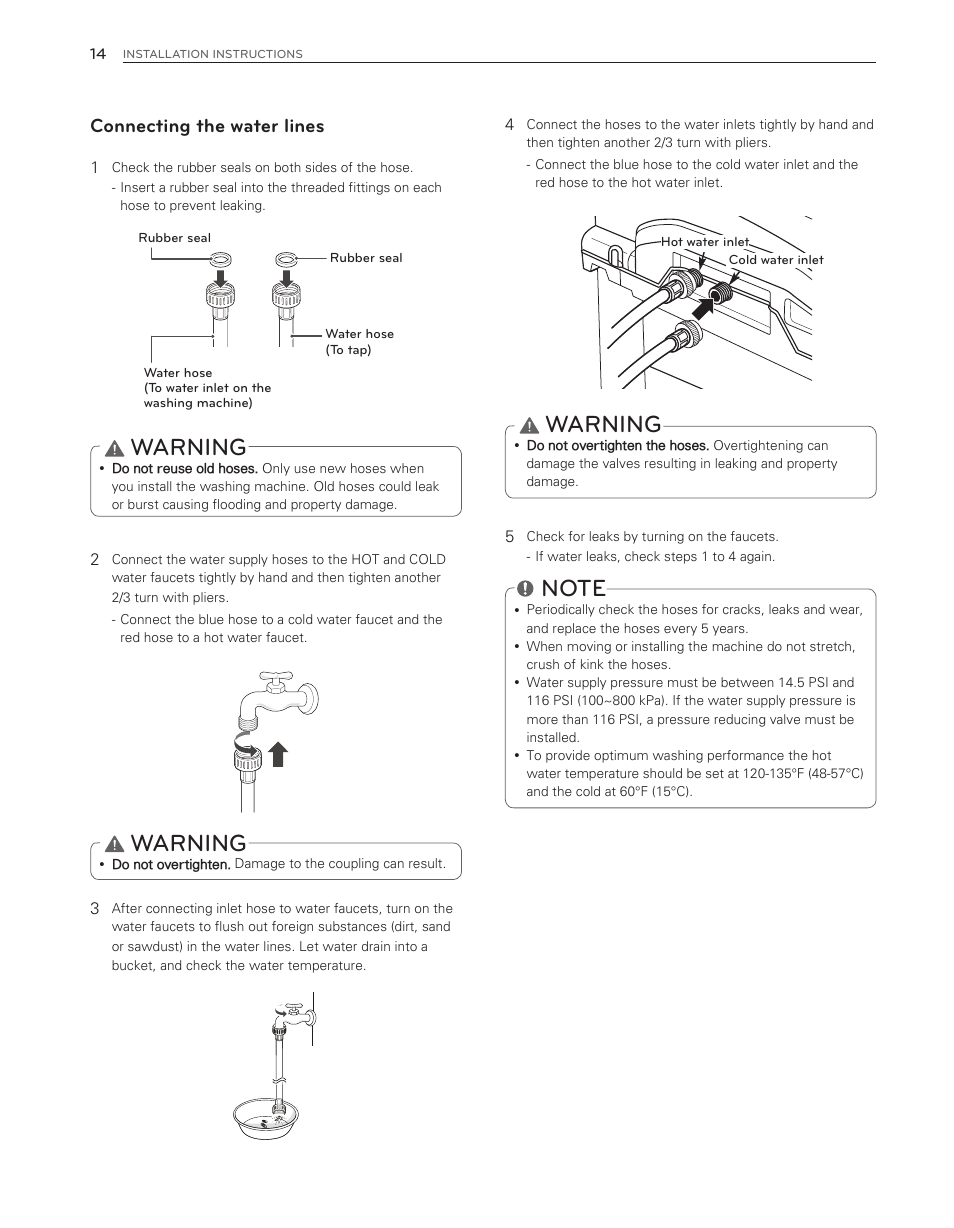 Warning, Connecting the water lines | LG WT6001HV User Manual | Page 14 / 92