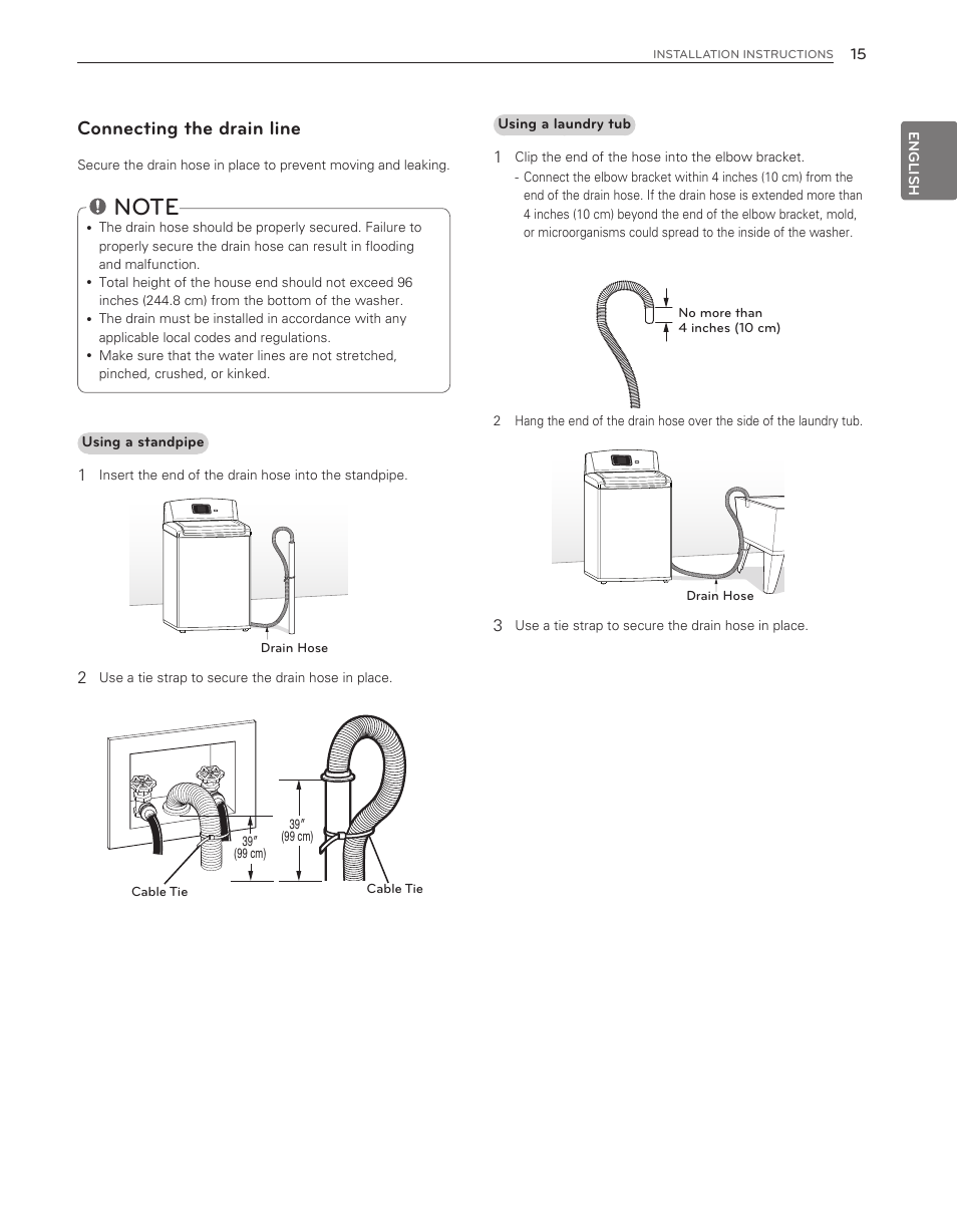 Connecting the drain line | LG WT6001HV User Manual | Page 15 / 92