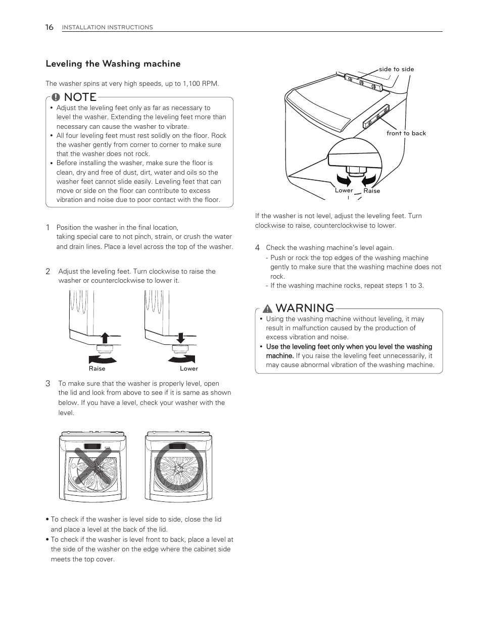 Warning, Leveling the washing machine | LG WT6001HV User Manual | Page 16 / 92