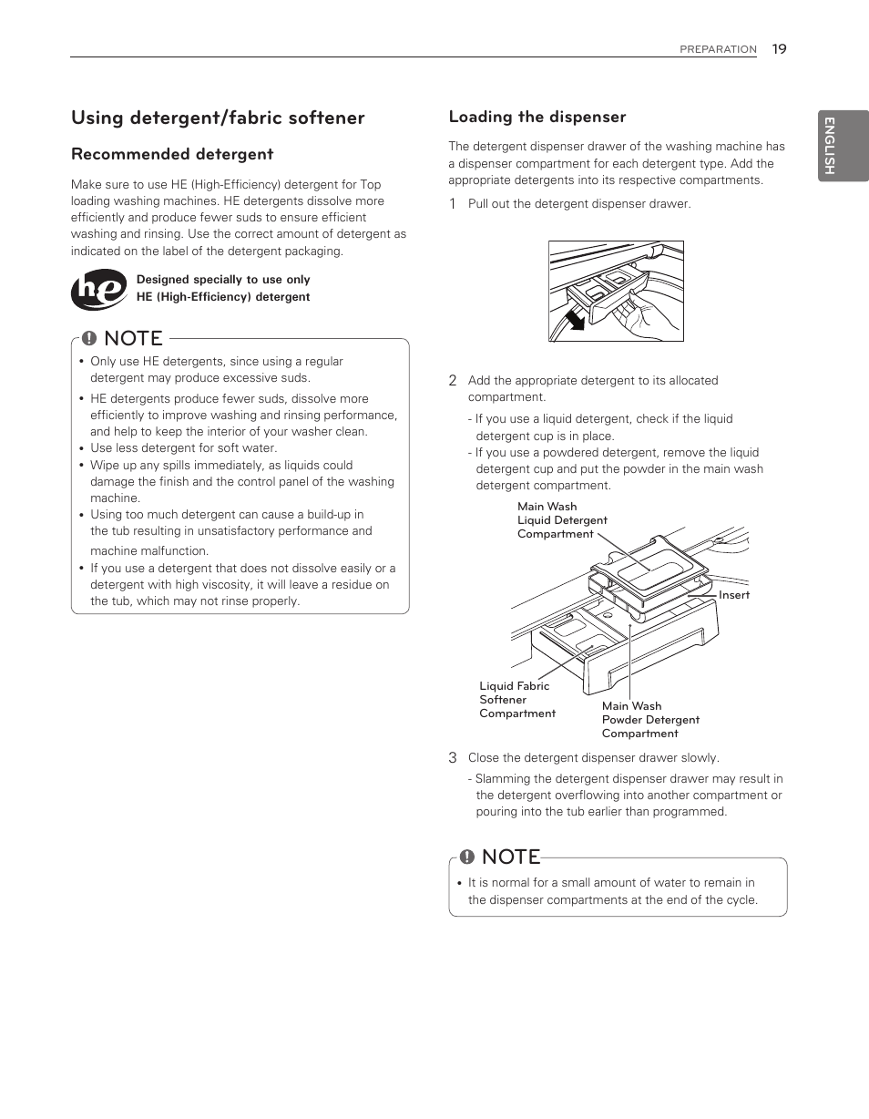 Using detergent/fabric softener, Loading the dispenser, Recommended detergent | LG WT6001HV User Manual | Page 19 / 92