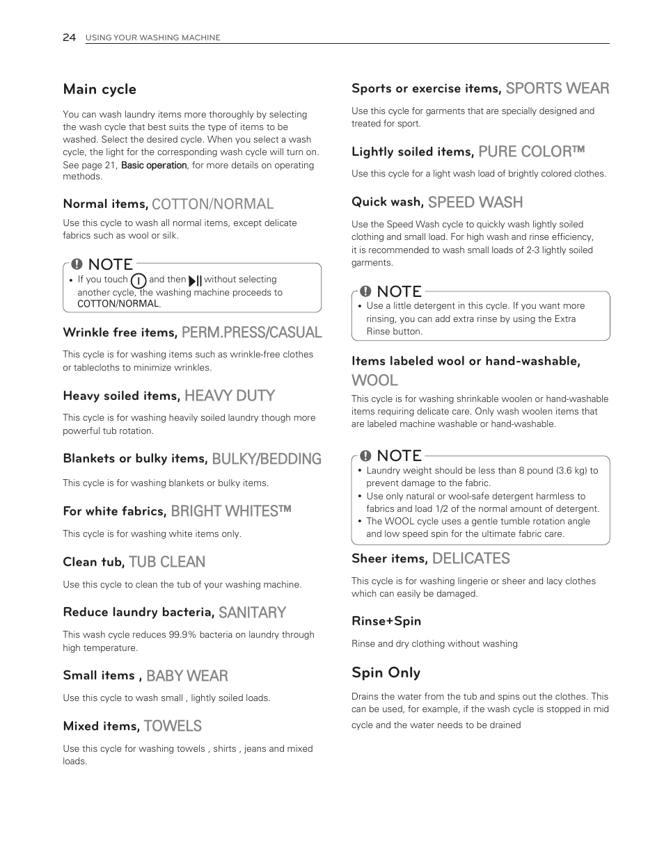 Spin only, Main cycle, Sports wear | Pure color, Speed wash, Wool, Delicates, Perm.press/casual, Heavy duty, Bulky/bedding | LG WT6001HV User Manual | Page 24 / 92