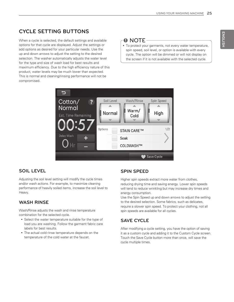 Cycle setting buttons, Soil level, Wash rinse | Spin speed, Save cycle | LG WT6001HV User Manual | Page 25 / 92