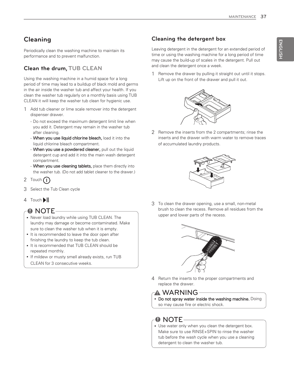 Warning, Cleaning, Cleaning the detergent box | Clean the drum, tub clean | LG WT6001HV User Manual | Page 37 / 92