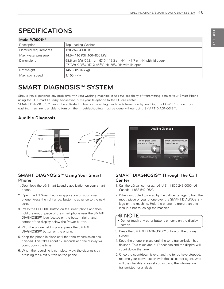 Smart diagnosis™ system specifications, Smart diagnosis™ through the call center | LG WT6001HV User Manual | Page 43 / 92
