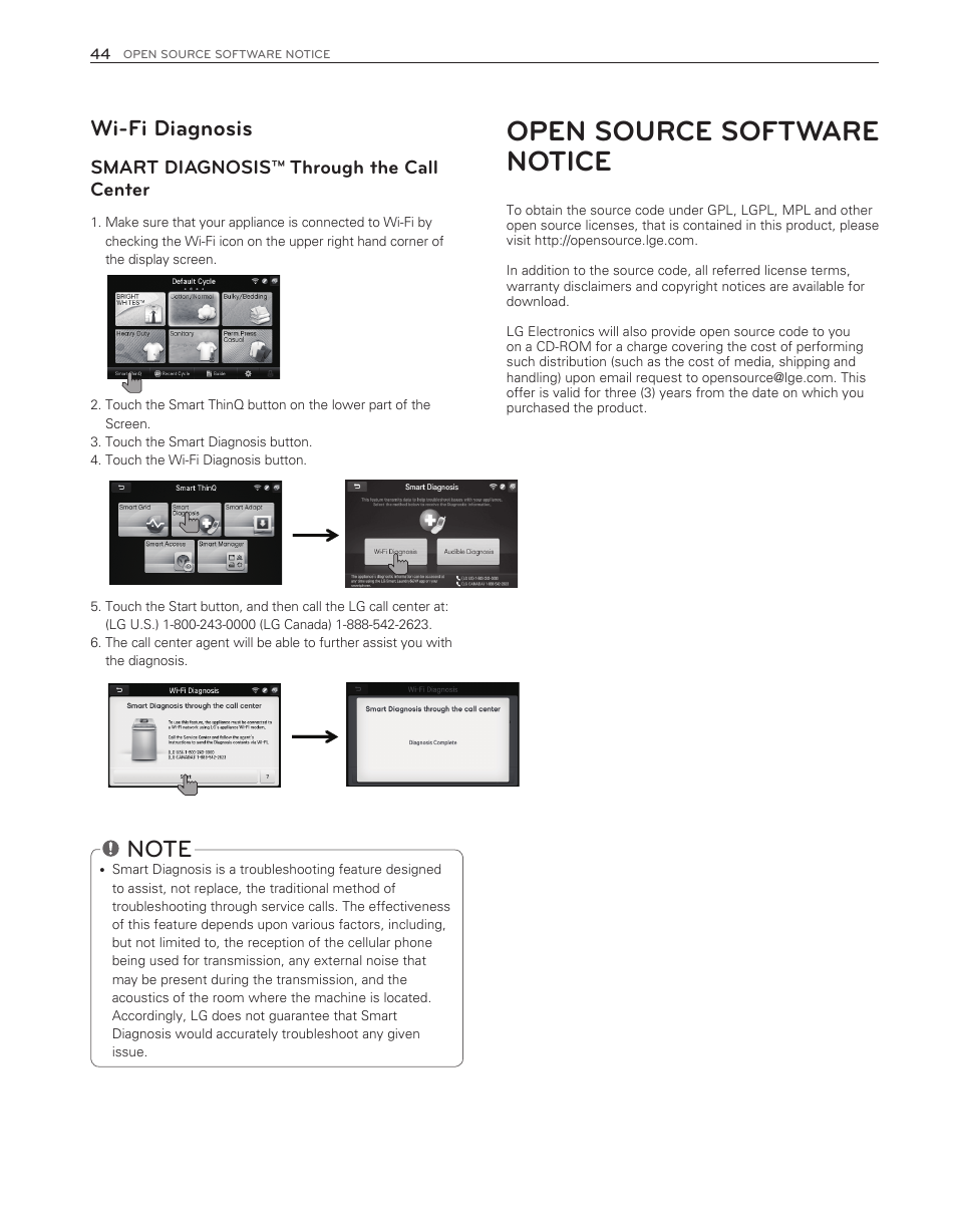 Open source software notice, Wi-fi diagnosis, Smart diagnosis™ through the call center | LG WT6001HV User Manual | Page 44 / 92