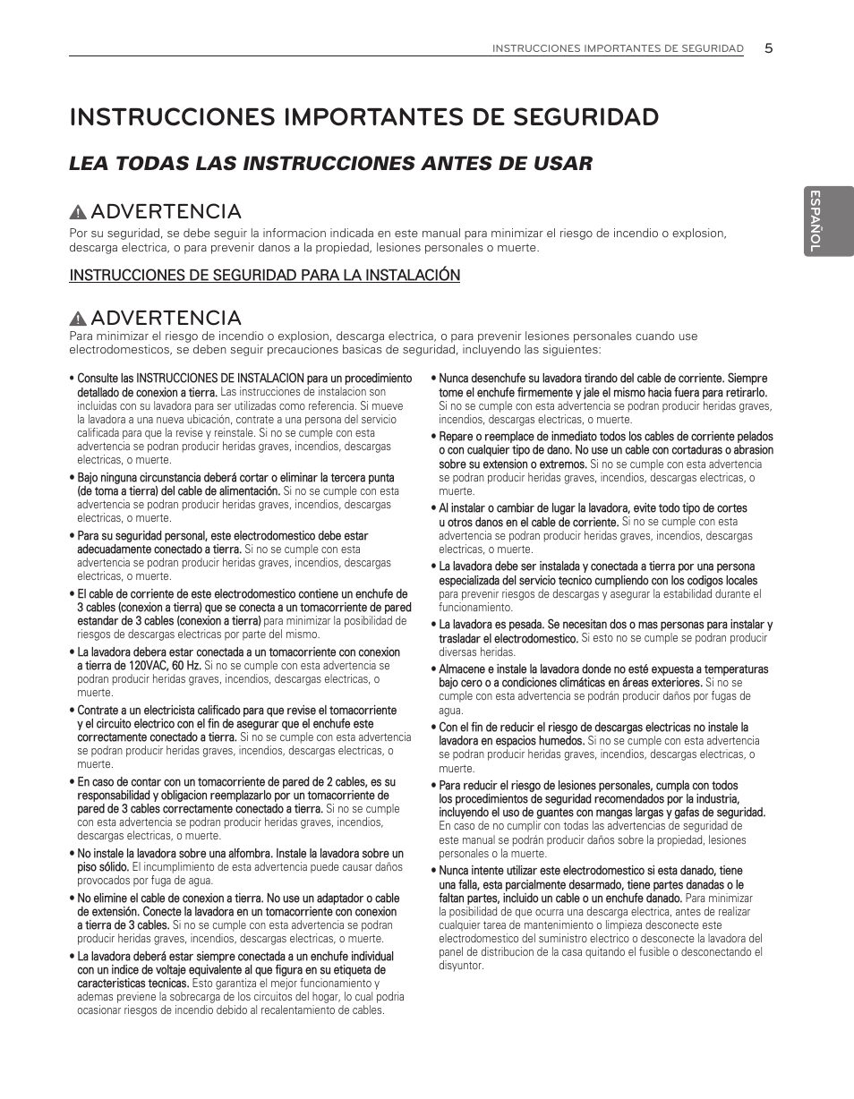 Instrucciones importantes de seguridad, Advertencia, Lea todas las instrucciones antes de usar | LG WT6001HV User Manual | Page 51 / 92