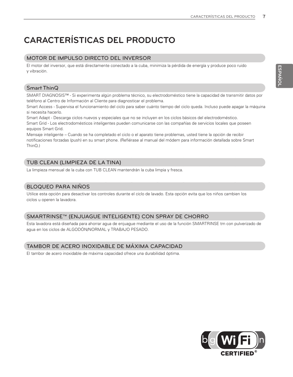 Características del producto | LG WT6001HV User Manual | Page 53 / 92