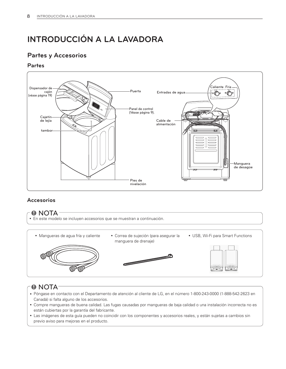 Introducción a la lavadora, Nota, Partes y accesorios | Accesorios, Partes | LG WT6001HV User Manual | Page 54 / 92