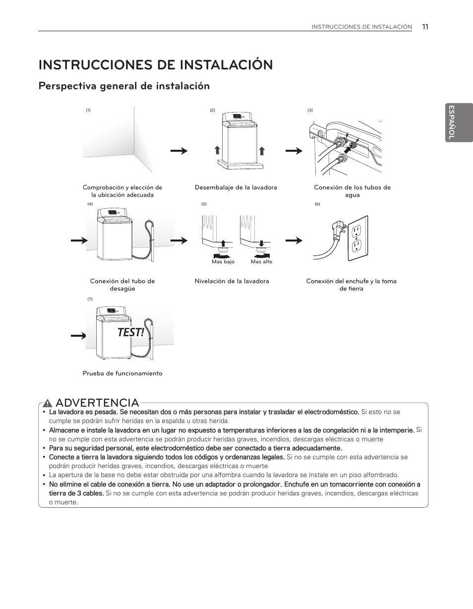 Instrucciones de instalación, Advertencia, Perspectiva general de instalación | LG WT6001HV User Manual | Page 57 / 92