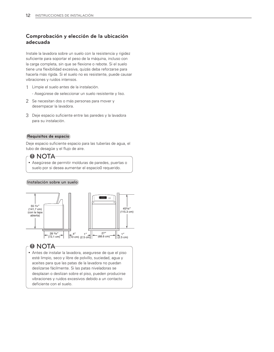 Nota, Comprobación y elección de la ubicación adecuada | LG WT6001HV User Manual | Page 58 / 92