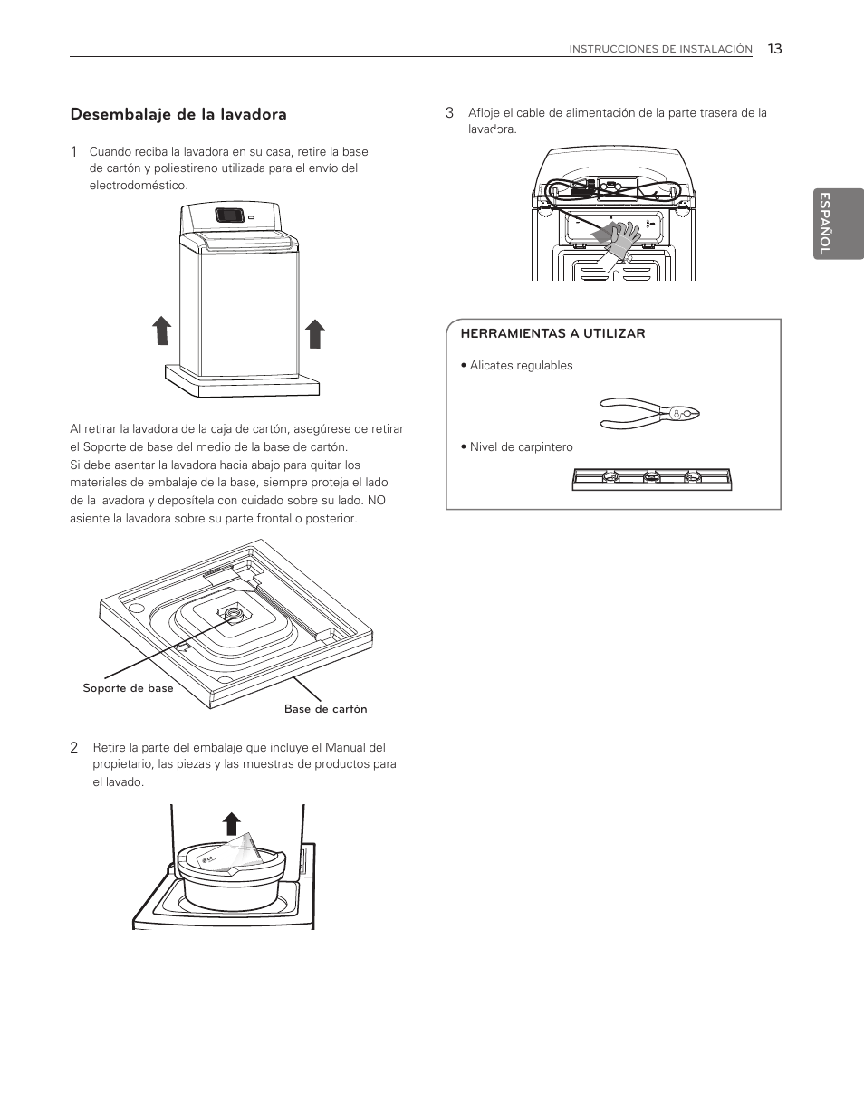 Desembalaje de la lavadora | LG WT6001HV User Manual | Page 59 / 92