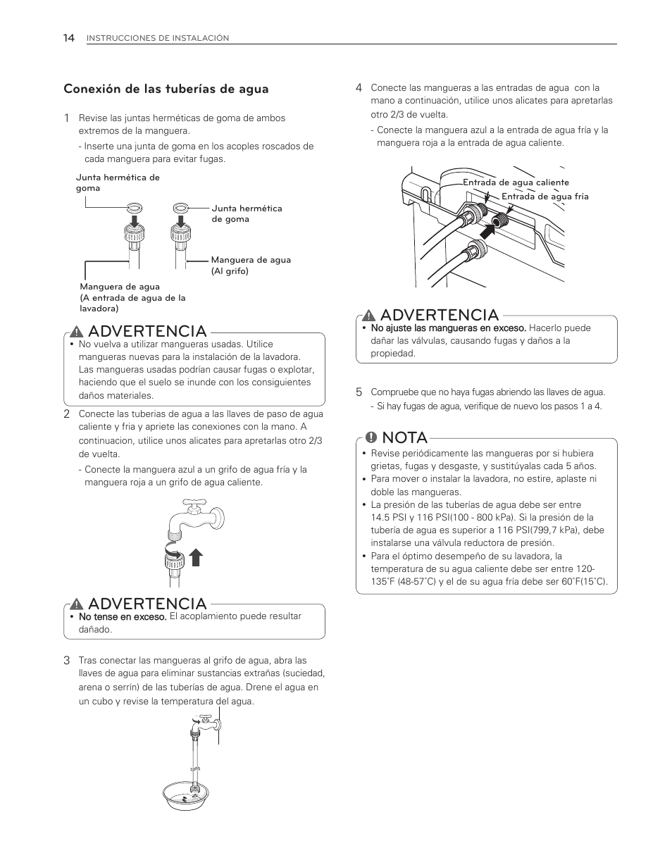 Advertencia, Nota, Conexión de las tuberías de agua | LG WT6001HV User Manual | Page 60 / 92