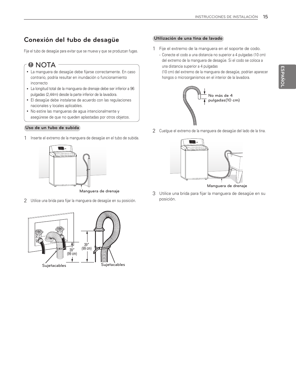 Nota, Conexión del tubo de desagüe | LG WT6001HV User Manual | Page 61 / 92