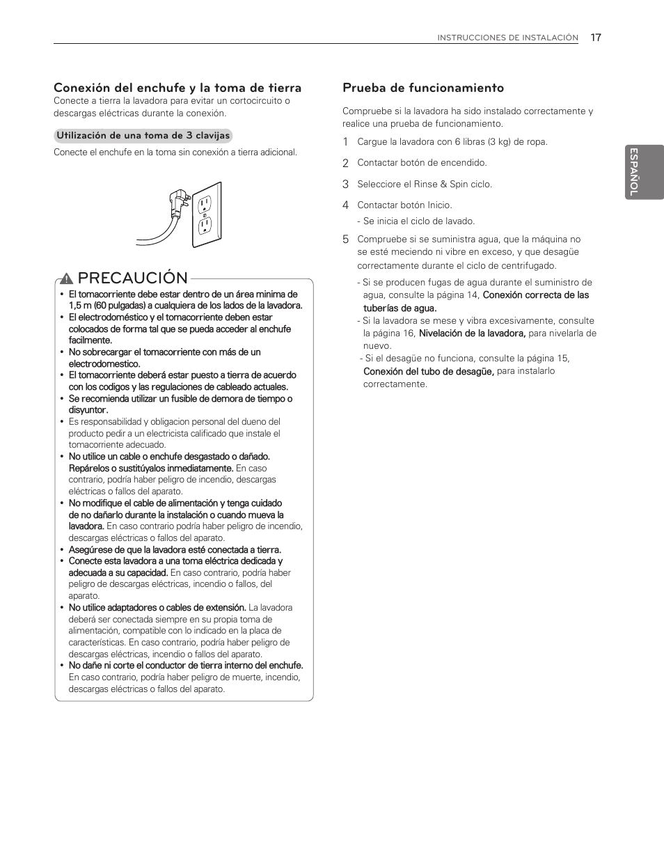 Precaución, Conexión del enchufe y la toma de tierra, Prueba de funcionamiento | LG WT6001HV User Manual | Page 63 / 92
