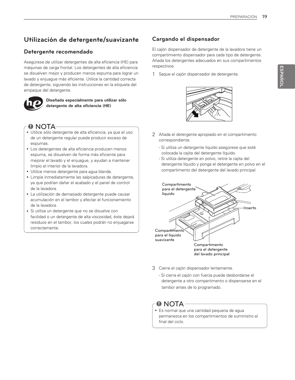 Nota, Utilización de detergente/suavizante, Cargando el dispensador | Detergente recomendado | LG WT6001HV User Manual | Page 65 / 92