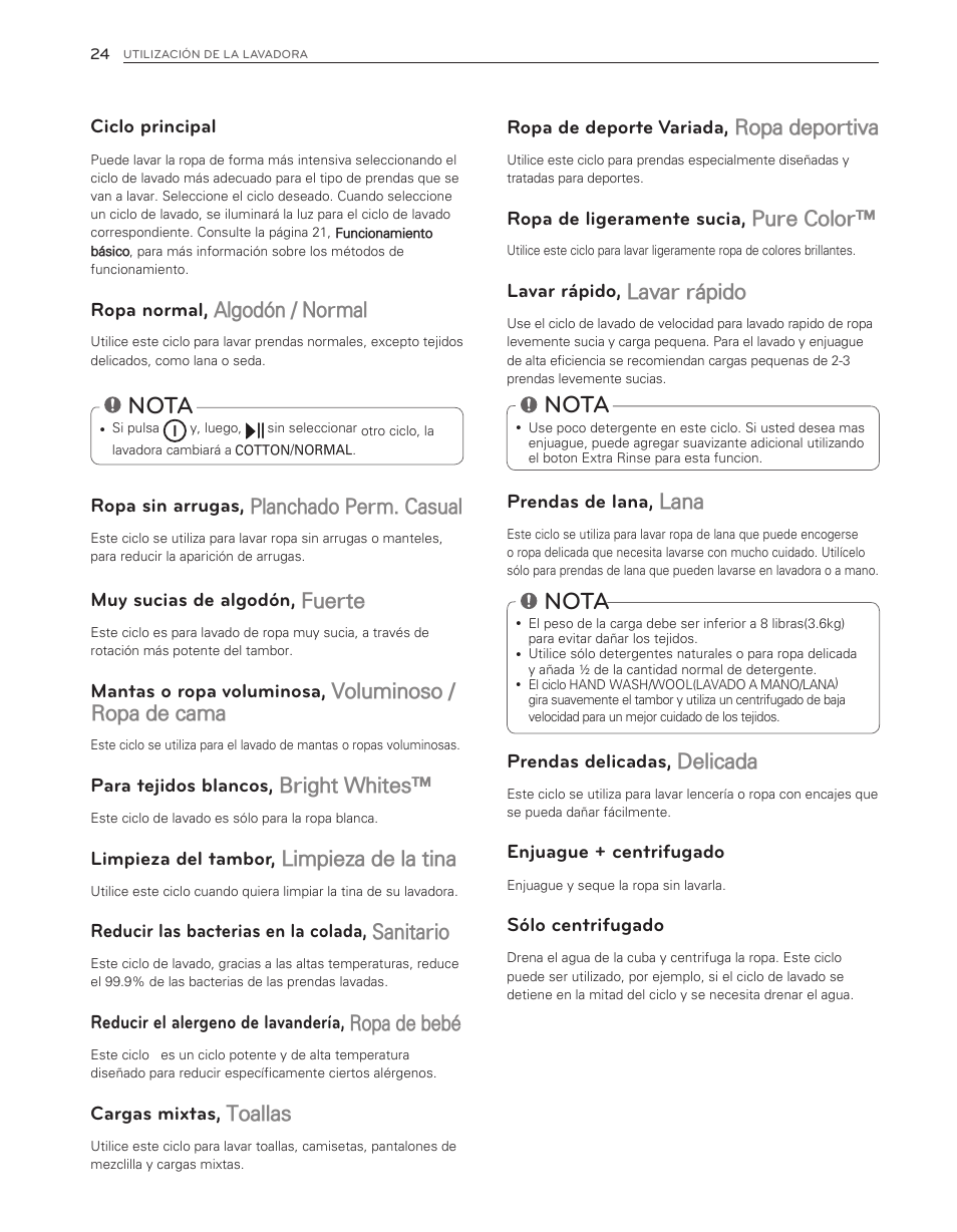 Nota, Ropa deportiva, Pure color | Lavar rápido, Lana, Delicada, Algodón / normal, Planchado perm. casual, Fuerte, Voluminoso / ropa de cama | LG WT6001HV User Manual | Page 70 / 92