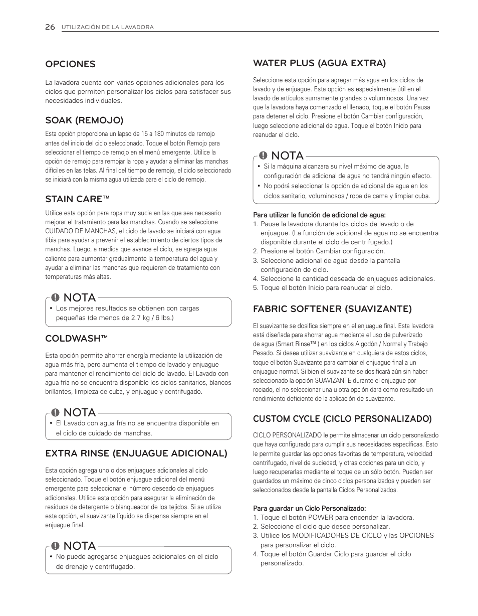 Nota | LG WT6001HV User Manual | Page 72 / 92