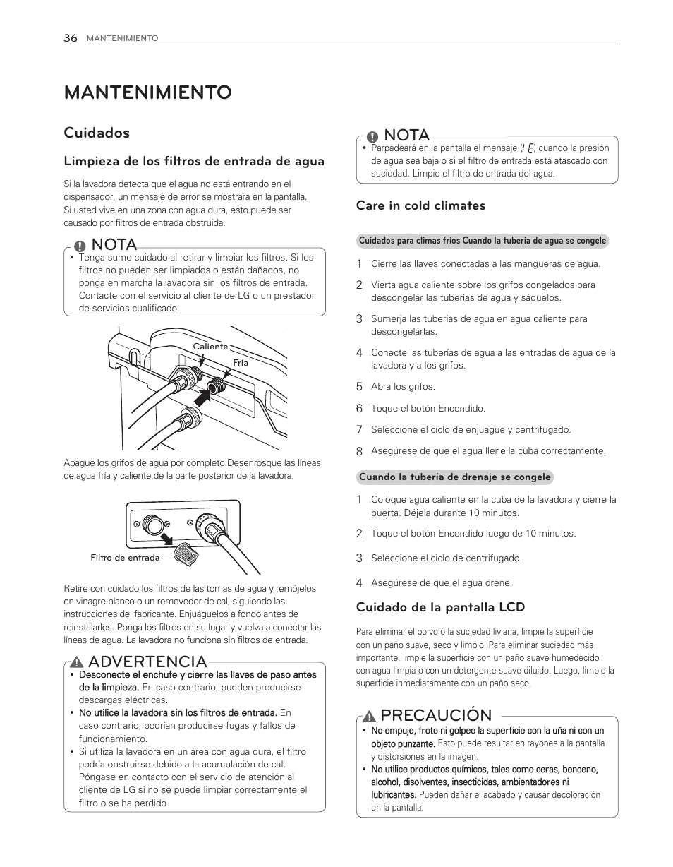 Mantenimiento, Nota, Advertencia | Precaución, Cuidados, Limpieza de los filtros de entrada de agua, Care in cold climates, Cuidado de la pantalla lcd | LG WT6001HV User Manual | Page 82 / 92