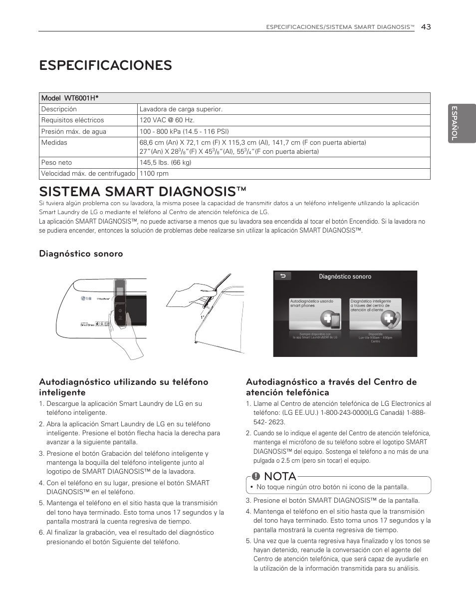 Especificaciones, Sistema smart diagnosis, Nota | Autodiagnóstico utilizando su teléfono inteligente, Diagnóstico sonoro | LG WT6001HV User Manual | Page 89 / 92