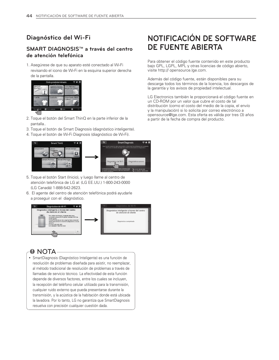 Notificación de software de fuente abierta, Nota, Diagnóstico del wi-fi | LG WT6001HV User Manual | Page 90 / 92