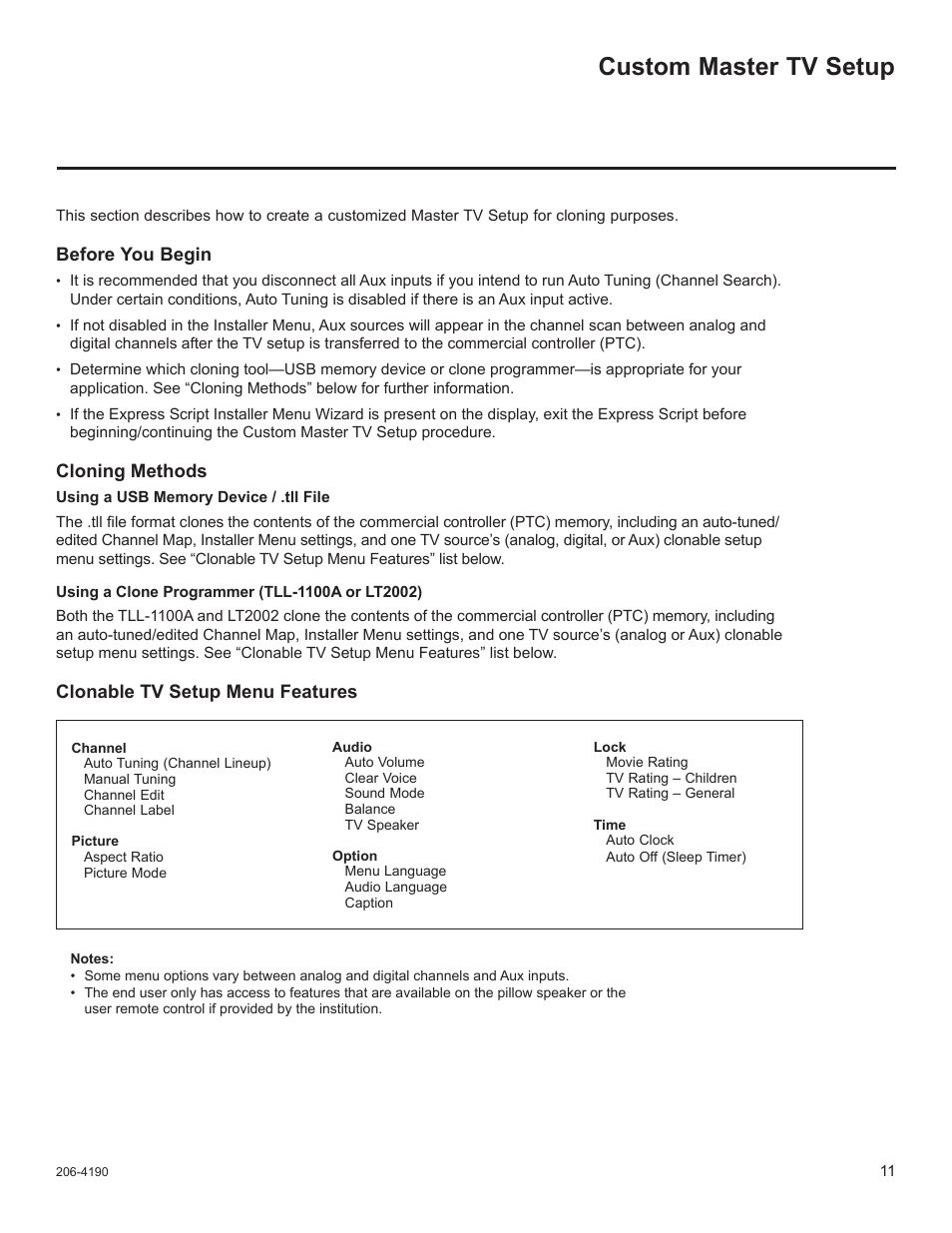 Custom master tv setup, Before you begin, Cloning methods | Clonable tv setup menu features | LG 42LD6DDH User Manual | Page 106 / 148