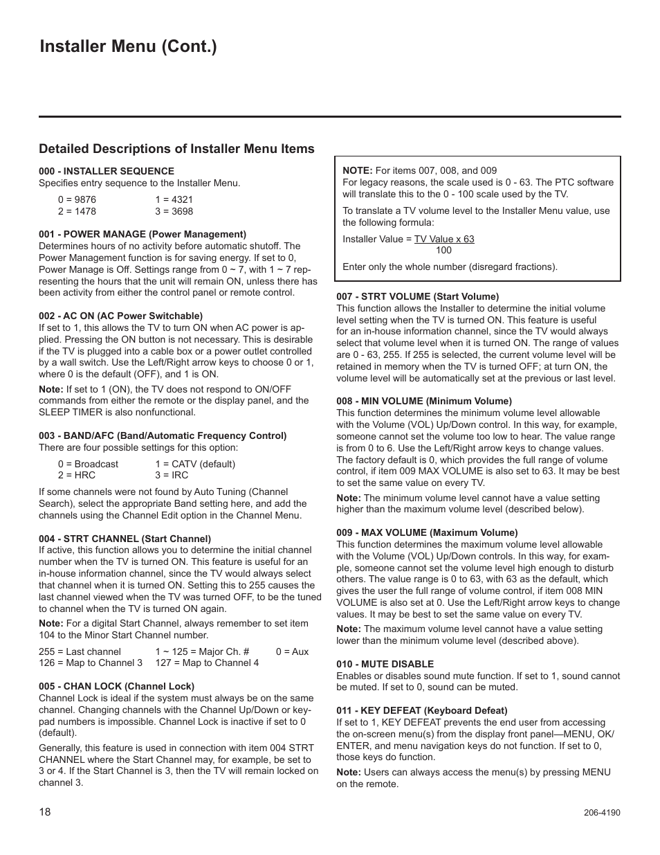Installer menu (cont.), Detailed descriptions of installer menu items | LG 42LD6DDH User Manual | Page 113 / 148