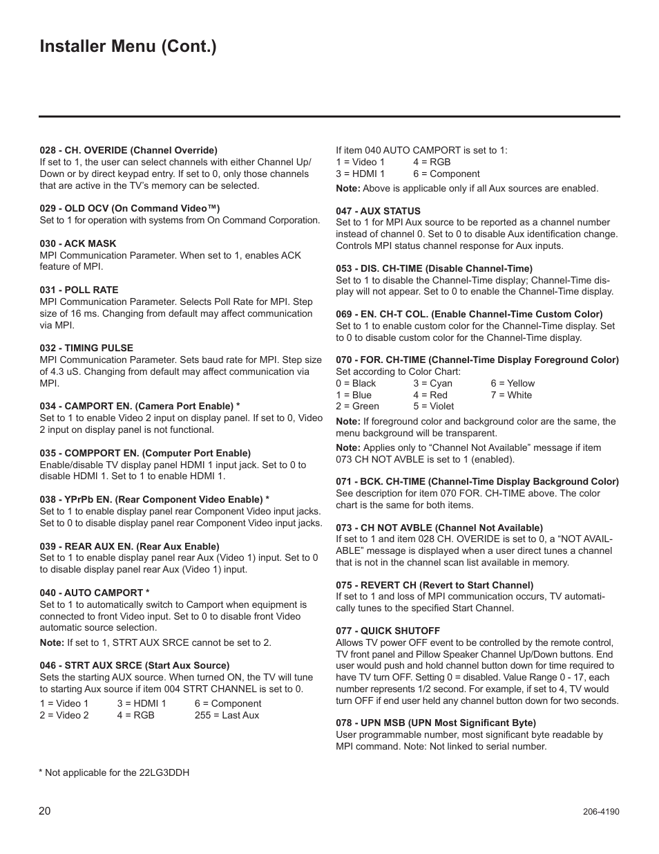 Installer menu (cont.) | LG 42LD6DDH User Manual | Page 115 / 148