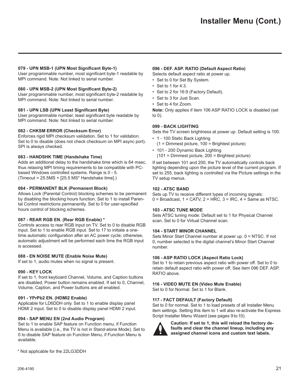 Installer menu (cont.) | LG 42LD6DDH User Manual | Page 116 / 148