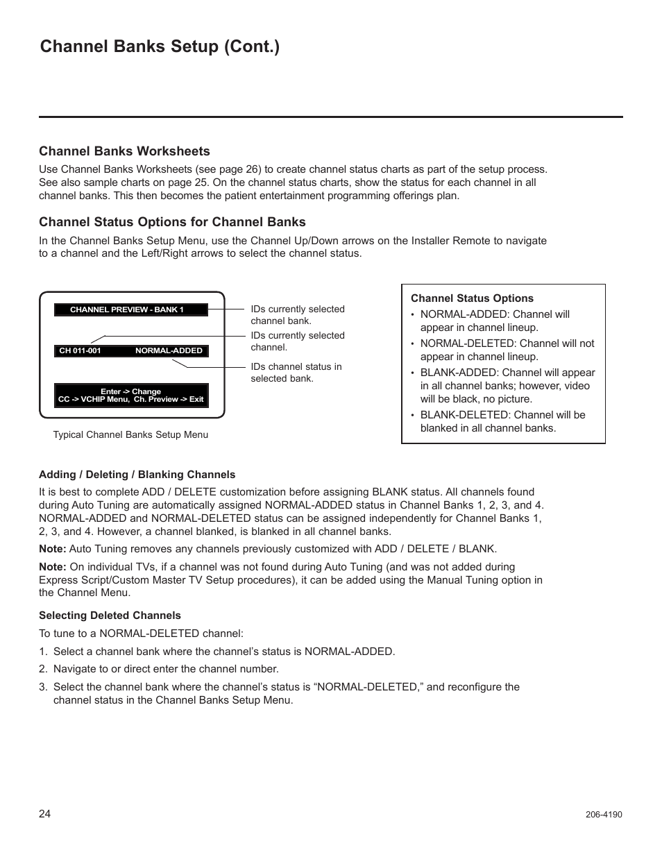 Channel banks setup (cont.), Channel banks worksheets, Channel status options for channel banks | LG 42LD6DDH User Manual | Page 119 / 148