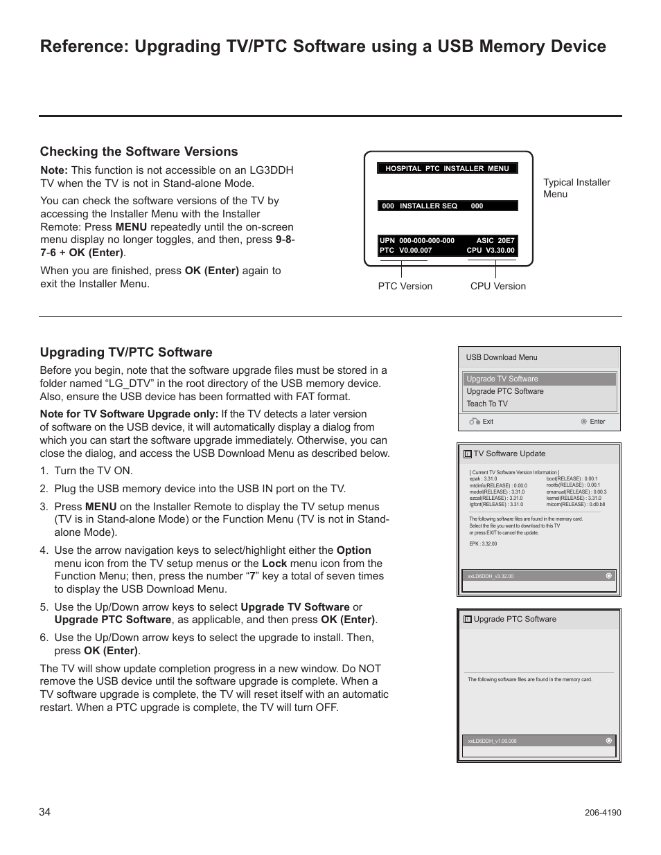 References, Checking the software versions, Upgrading tv/ptc software | LG 42LD6DDH User Manual | Page 129 / 148