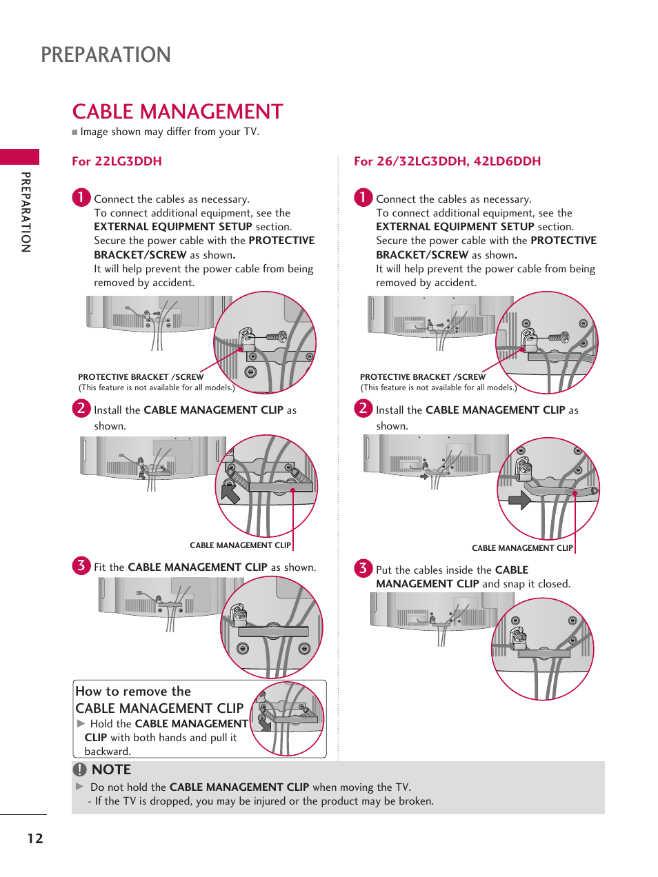 Cable management, Preparation, How to remove the cable management clip | Pr ep a ra tio n, For 22lg3ddh | LG 42LD6DDH User Manual | Page 13 / 148