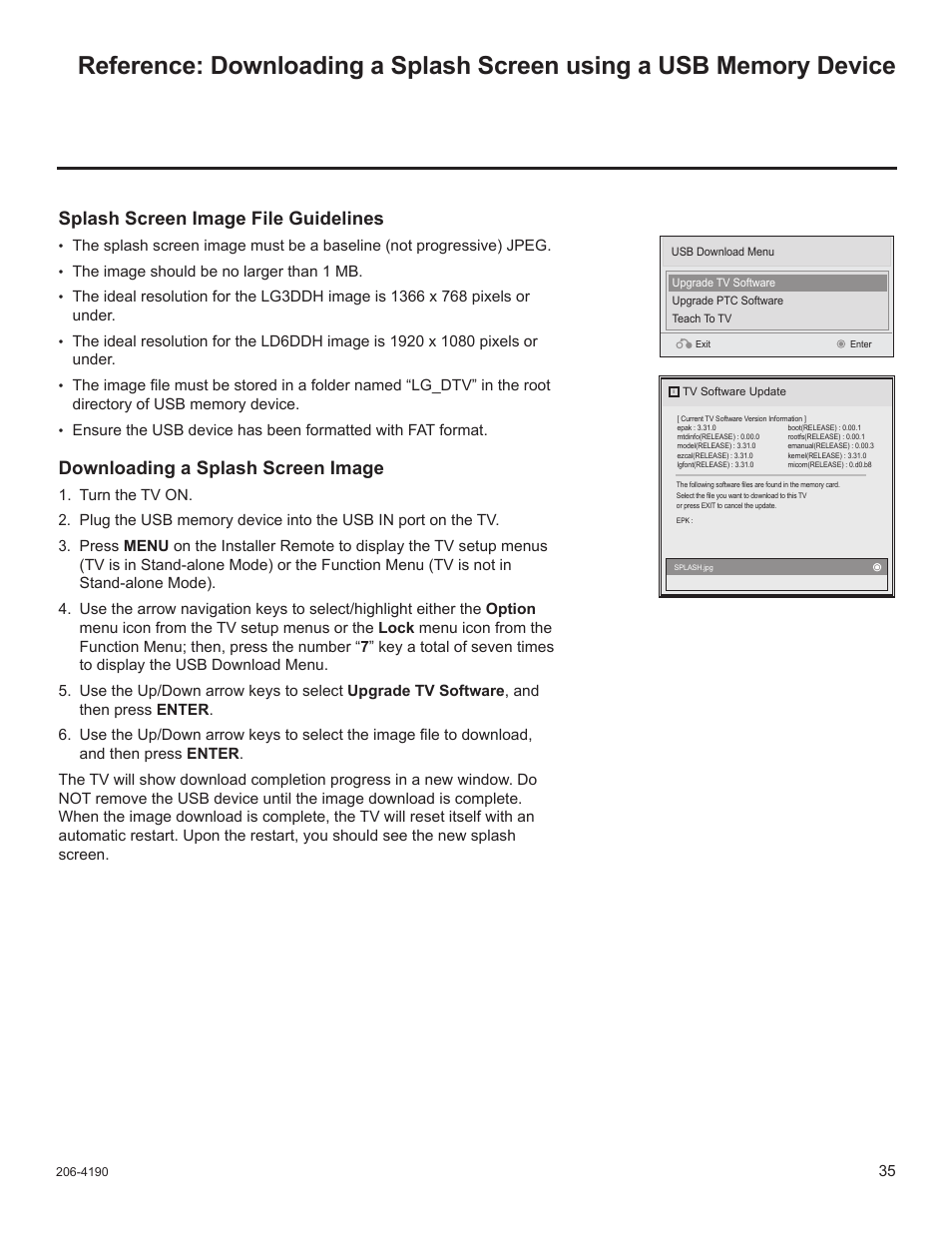Splash screen image file guidelines, Downloading a splash screen image, The image should be no larger than 1 mb | LG 42LD6DDH User Manual | Page 130 / 148