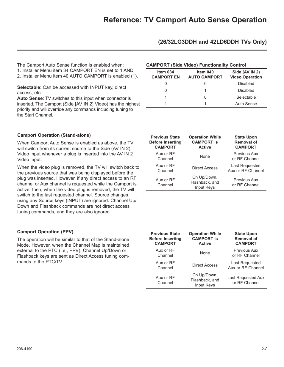 Tv camport auto sense operation, Reference: tv camport auto sense operation | LG 42LD6DDH User Manual | Page 132 / 148