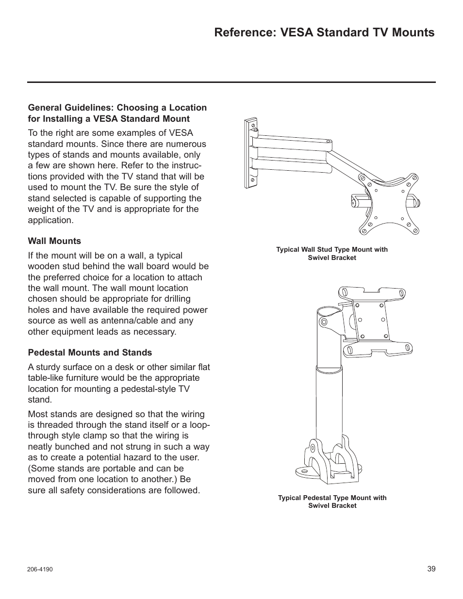 Vesa standard tv mounts, Reference: vesa standard tv mounts | LG 42LD6DDH User Manual | Page 134 / 148