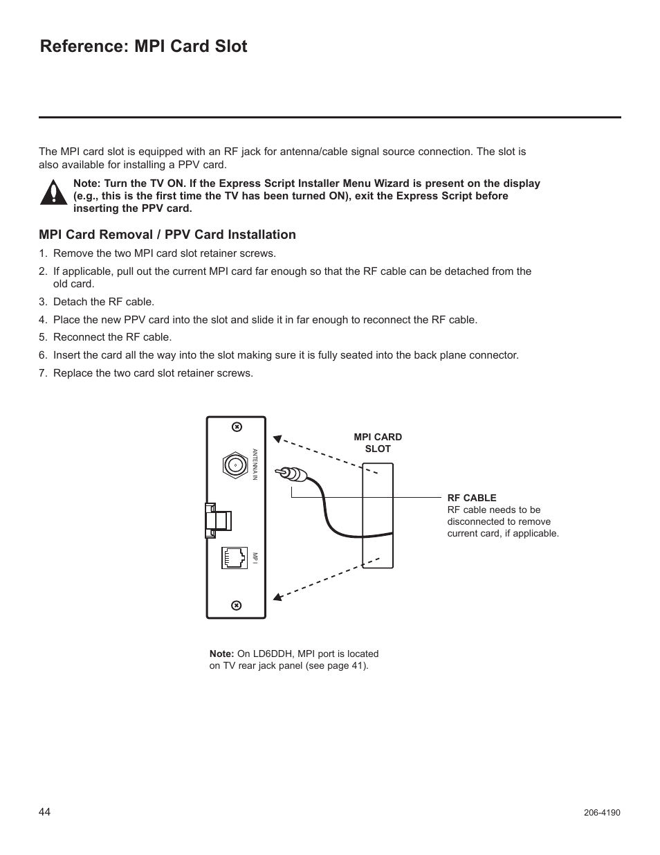 Mpi card slot, Reference: mpi card slot, Mpi card removal / ppv card installation | LG 42LD6DDH User Manual | Page 139 / 148