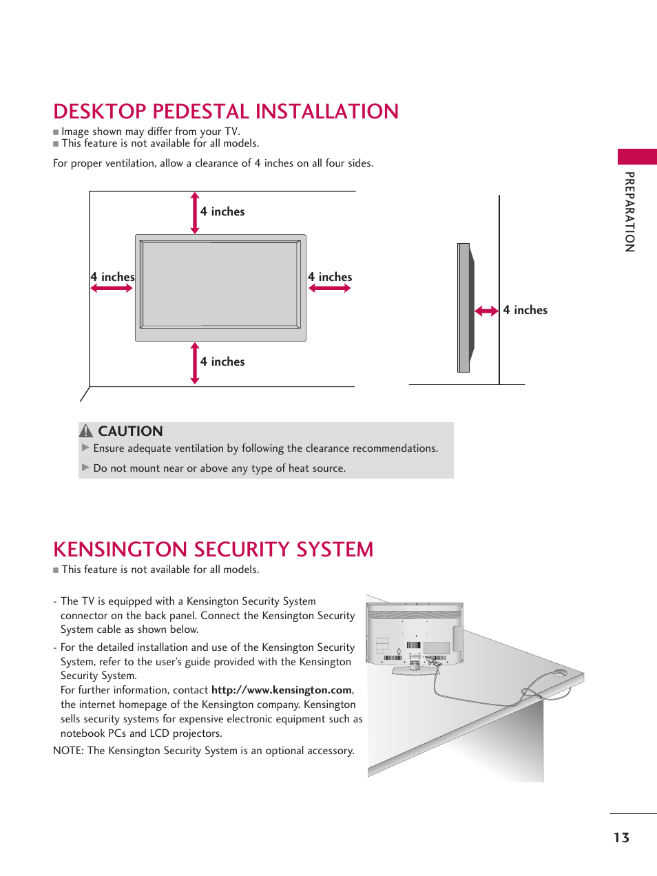 Desktop pedestal installation, Kensington security system | LG 42LD6DDH User Manual | Page 14 / 148