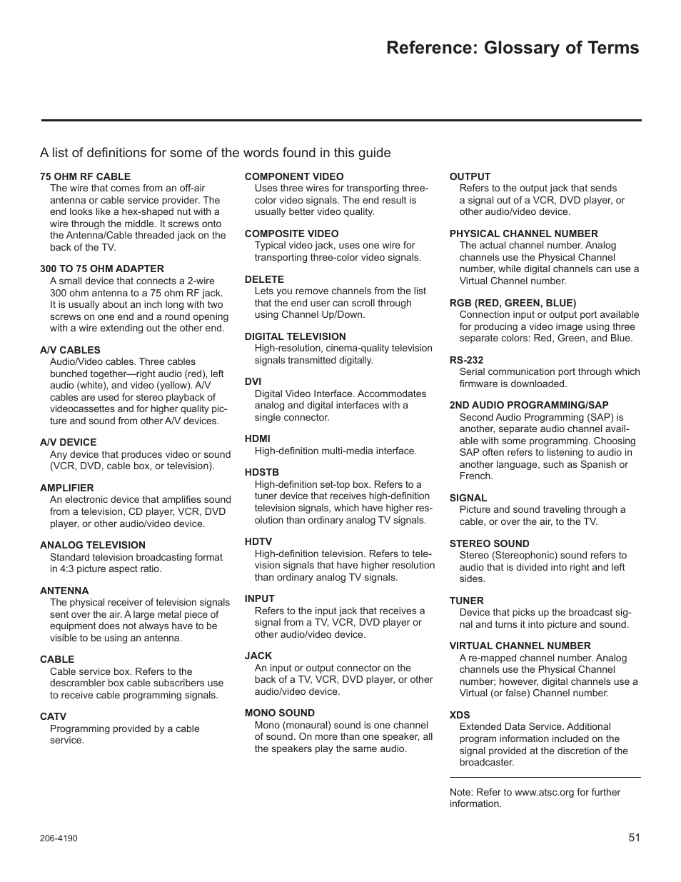 Glossary of terms, Reference: glossary of terms | LG 42LD6DDH User Manual | Page 146 / 148