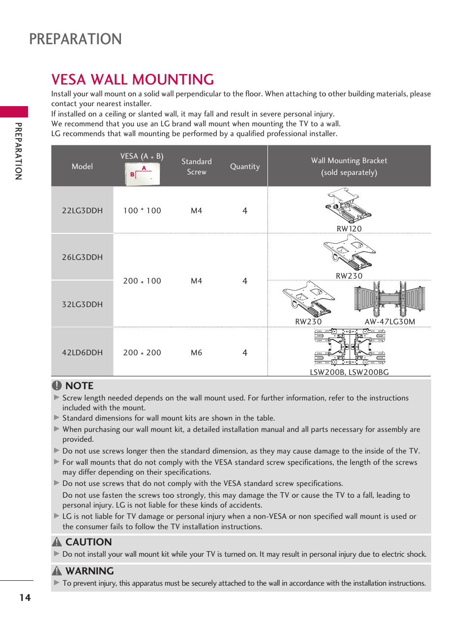 Vesa wall mounting, Preparation, Caution | Warning, Pr ep a ra tio n, Ab b | LG 42LD6DDH User Manual | Page 15 / 148