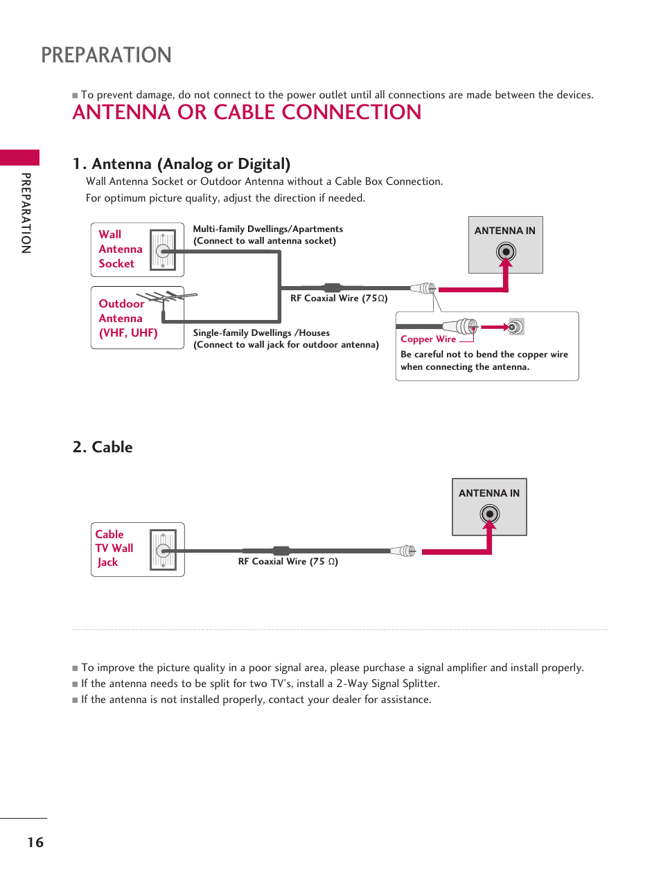 Antenna or cable connection, Preparation, Antenna (analog or digital) | Cable | LG 42LD6DDH User Manual | Page 17 / 148