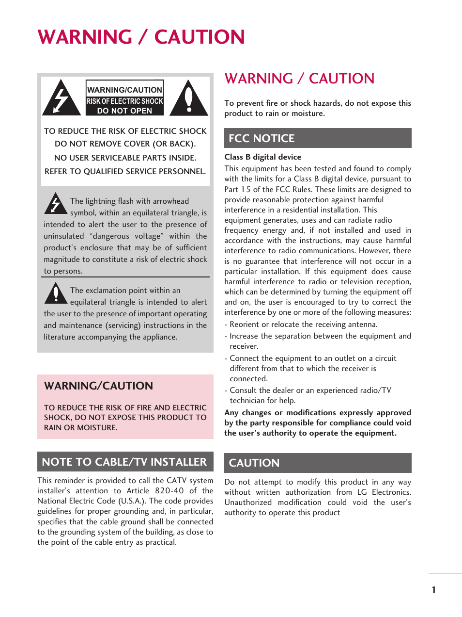Warning / caution, Fcc notice, Caution | Warning/caution | LG 42LD6DDH User Manual | Page 2 / 148