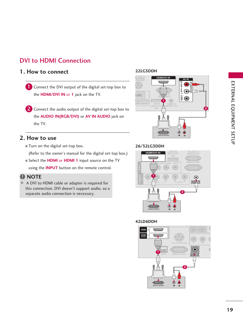 Dvi to hdmi connection, How to connect, How to use | 22lg3ddh, 42ld6ddh | LG 42LD6DDH User Manual | Page 20 / 148