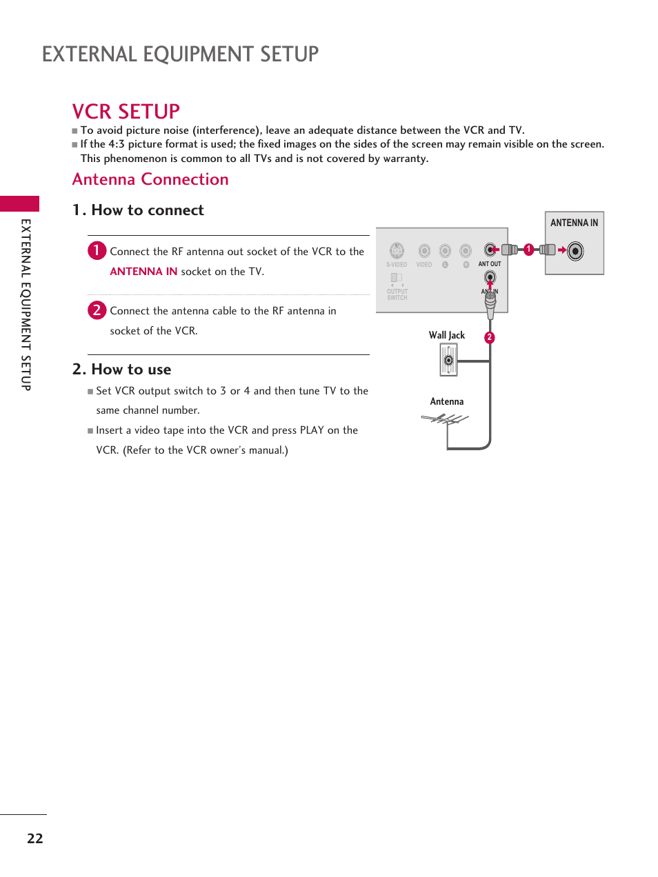 Vcr setup, External equipment setup, Antenna connection | How to connect, How to use, Usb in servuce only, Hdmi/dvi in, Audio in (rgb/dvi), Rgb in (pc) reset update, Remote control out speaker out 8 | LG 42LD6DDH User Manual | Page 23 / 148